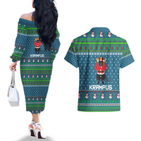 Merry Krampus Christmas Couples Matching Off The Shoulder Long Sleeve Dress and Hawaiian Shirt Xmas Holiday Patterns - Wonder Print Shop