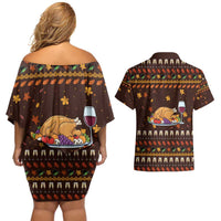 Turkey And WIne Christmas Couples Matching Off Shoulder Short Dress and Hawaiian Shirt Xmas Holiday Patterns - Wonder Print Shop
