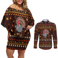 Turkey And WIne Christmas Couples Matching Off Shoulder Short Dress and Long Sleeve Button Shirt Xmas Holiday Patterns - Wonder Print Shop