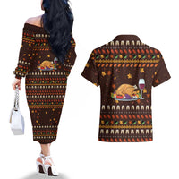 Turkey And WIne Christmas Couples Matching Off The Shoulder Long Sleeve Dress and Hawaiian Shirt Xmas Holiday Patterns - Wonder Print Shop
