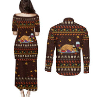 Turkey And WIne Christmas Couples Matching Puletasi and Long Sleeve Button Shirt Xmas Holiday Patterns - Wonder Print Shop