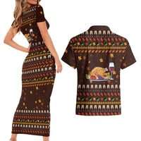Turkey And WIne Christmas Couples Matching Short Sleeve Bodycon Dress and Hawaiian Shirt Xmas Holiday Patterns - Wonder Print Shop