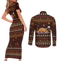 Turkey And WIne Christmas Couples Matching Short Sleeve Bodycon Dress and Long Sleeve Button Shirt Xmas Holiday Patterns - Wonder Print Shop