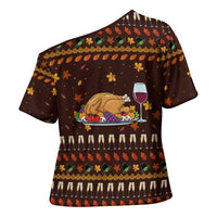 Turkey And WIne Christmas Cross Shoulder Shirt Xmas Holiday Patterns - Wonder Print Shop