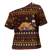Turkey And WIne Christmas Cross Shoulder Shirt Xmas Holiday Patterns - Wonder Print Shop