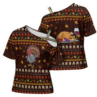 Turkey And WIne Christmas Cross Shoulder Shirt Xmas Holiday Patterns - Wonder Print Shop