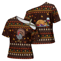 Turkey And WIne Christmas Cross Shoulder Shirt Xmas Holiday Patterns - Wonder Print Shop