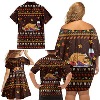 Turkey And WIne Christmas Family Matching Off Shoulder Short Dress and Hawaiian Shirt Xmas Holiday Patterns - Wonder Print Shop