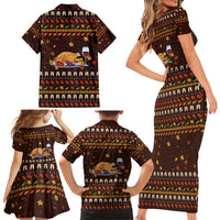 Turkey And WIne Christmas Family Matching Short Sleeve Bodycon Dress and Hawaiian Shirt Xmas Holiday Patterns - Wonder Print Shop