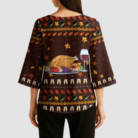 Turkey And WIne Christmas Kimono Sleeve Blouse Xmas Holiday Patterns - Wonder Print Shop