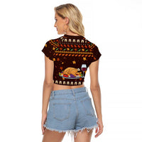 Turkey And WIne Christmas Raglan Cropped T Shirt Xmas Holiday Patterns - Wonder Print Shop