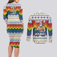 Have A Super Gay Holiday Christmas Couples Matching Long Sleeve Bodycon Dress and Long Sleeve Button Shirt Xmas Holiday Patterns - Wonder Print Shop