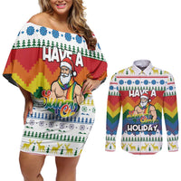 Have A Super Gay Holiday Christmas Couples Matching Off Shoulder Short Dress and Long Sleeve Button Shirt Xmas Holiday Patterns - Wonder Print Shop