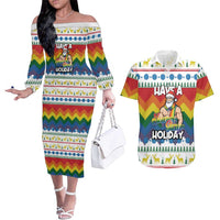 Have A Super Gay Holiday Christmas Couples Matching Off The Shoulder Long Sleeve Dress and Hawaiian Shirt Xmas Holiday Patterns - Wonder Print Shop