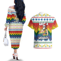 Have A Super Gay Holiday Christmas Couples Matching Off The Shoulder Long Sleeve Dress and Hawaiian Shirt Xmas Holiday Patterns - Wonder Print Shop