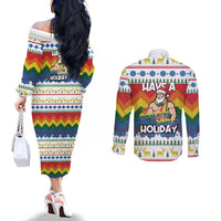 Have A Super Gay Holiday Christmas Couples Matching Off The Shoulder Long Sleeve Dress and Long Sleeve Button Shirt Xmas Holiday Patterns - Wonder Print Shop