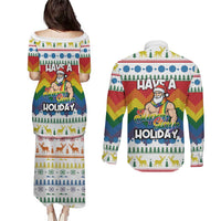 Have A Super Gay Holiday Christmas Couples Matching Puletasi and Long Sleeve Button Shirt Xmas Holiday Patterns - Wonder Print Shop