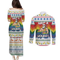 Have A Super Gay Holiday Christmas Couples Matching Puletasi and Long Sleeve Button Shirt Xmas Holiday Patterns - Wonder Print Shop