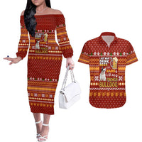 Drink Beer With French Bulldog Christmas Couples Matching Off The Shoulder Long Sleeve Dress and Hawaiian Shirt Xmas Holiday Patterns - Wonder Print Shop
