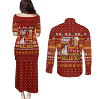Drink Beer With French Bulldog Christmas Couples Matching Puletasi and Long Sleeve Button Shirt Xmas Holiday Patterns - Wonder Print Shop