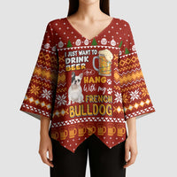 Drink Beer With French Bulldog Christmas Kimono Sleeve Blouse Xmas Holiday Patterns - Wonder Print Shop