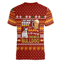 Drink Beer With French Bulldog Christmas Women V-Neck T-Shirt Xmas Holiday Patterns - undefined
