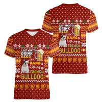 Drink Beer With French Bulldog Christmas Women V-Neck T-Shirt Xmas Holiday Patterns - undefined