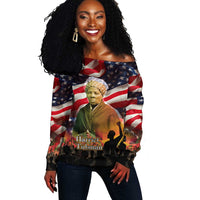 Harriet Tubman Off Shoulder Sweater American Flag Background Underground Railroad Quote Powerful Civil Rights - Wonder Print Shop