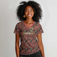 Black Heritage Tree Women V-Neck T-Shirt African Root Black History Kente Pattern