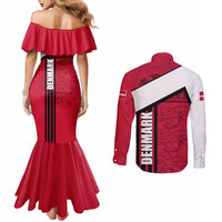 Denmark Couples Matching Mermaid Dress and Long Sleeve Button Shirt Danish Coat of Arms, National Flag, Bold Scandinavian Heritage Design