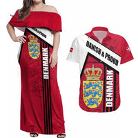 Denmark Couples Matching Off Shoulder Maxi Dress and Hawaiian Shirt Danish Coat of Arms, National Flag, Bold Scandinavian Heritage Design
