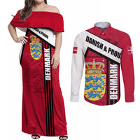 Denmark Couples Matching Off Shoulder Maxi Dress and Long Sleeve Button Shirt Danish Coat of Arms, National Flag, Bold Scandinavian Heritage Design