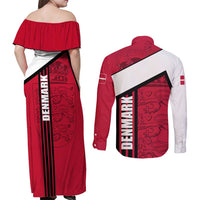Denmark Couples Matching Off Shoulder Maxi Dress and Long Sleeve Button Shirt Danish Coat of Arms, National Flag, Bold Scandinavian Heritage Design