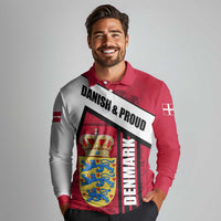 Denmark Long Sleeve Polo Shirt Danish Coat of Arms, National Flag, Bold Scandinavian Heritage Design