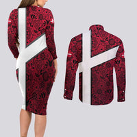 Denmark Couples Matching Long Sleeve Bodycon Dress and Long Sleeve Button Shirt with The Little Mermaid Statue, Danish Folk Patterns, National Heritage Pride