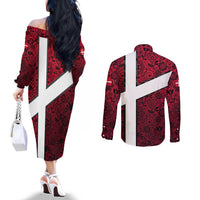 Denmark Couples Matching Off The Shoulder Long Sleeve Dress and Long Sleeve Button Shirt with The Little Mermaid Statue, Danish Folk Patterns, National Heritage Pride