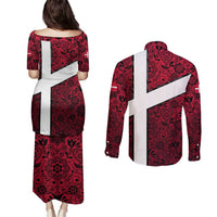 Denmark Couples Matching Puletasi and Long Sleeve Button Shirt with The Little Mermaid Statue, Danish Folk Patterns, National Heritage Pride