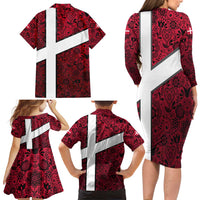 Denmark Family Matching Long Sleeve Bodycon Dress and Hawaiian Shirt with The Little Mermaid Statue, Danish Folk Patterns, National Heritage Pride