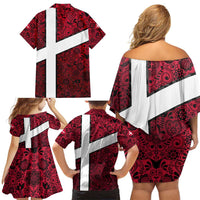 Denmark Family Matching Off Shoulder Short Dress and Hawaiian Shirt with The Little Mermaid Statue, Danish Folk Patterns, National Heritage Pride