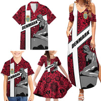 Denmark Family Matching Summer Maxi Dress and Hawaiian Shirt with The Little Mermaid Statue, Danish Folk Patterns, National Heritage Pride