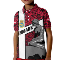 Denmark Kid Polo Shirt with The Little Mermaid Statue, Danish Folk Patterns, National Heritage Pride