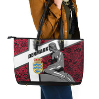 Denmark Leather Tote Bag with The Little Mermaid Statue, Danish Folk Patterns, National Heritage Pride