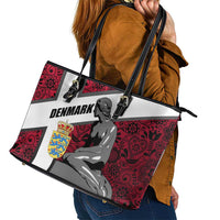 Denmark Leather Tote Bag with The Little Mermaid Statue, Danish Folk Patterns, National Heritage Pride