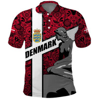 Denmark Polo Shirt with The Little Mermaid Statue, Danish Folk Patterns, National Heritage Pride
