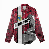 Denmark Women Casual Shirt with The Little Mermaid Statue, Danish Folk Patterns, National Heritage Pride