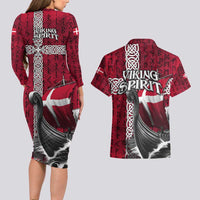 Denmark Viking Longship Couples Matching Long Sleeve Bodycon Dress and Hawaiian Shirt Norse Rune & Celtic Cross Danish Flag