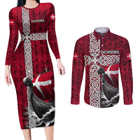 Denmark Viking Longship Couples Matching Long Sleeve Bodycon Dress and Long Sleeve Button Shirt Norse Rune & Celtic Cross Danish Flag