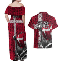 Denmark Viking Longship Couples Matching Off Shoulder Maxi Dress and Hawaiian Shirt Norse Rune & Celtic Cross Danish Flag