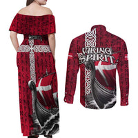 Denmark Viking Longship Couples Matching Off Shoulder Maxi Dress and Long Sleeve Button Shirt Norse Rune & Celtic Cross Danish Flag