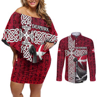 Denmark Viking Longship Couples Matching Off Shoulder Short Dress and Long Sleeve Button Shirt Norse Rune & Celtic Cross Danish Flag